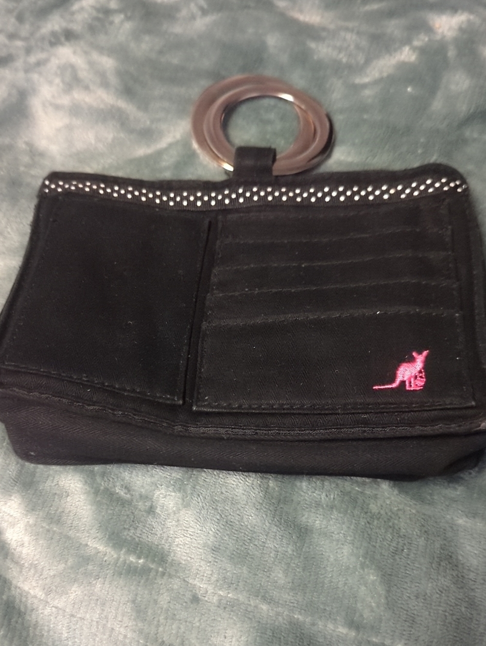 29-Kangaroo Embroidered Black Wristlet Wallet